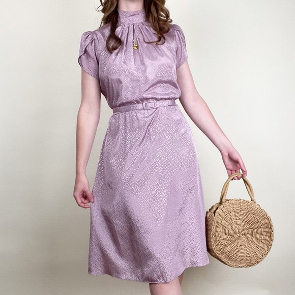 Vintage Dresses & Skirts - Vintage Polka Dot Belted Midi Dress Mock Neck Preppy Secretary Mid Century MCM